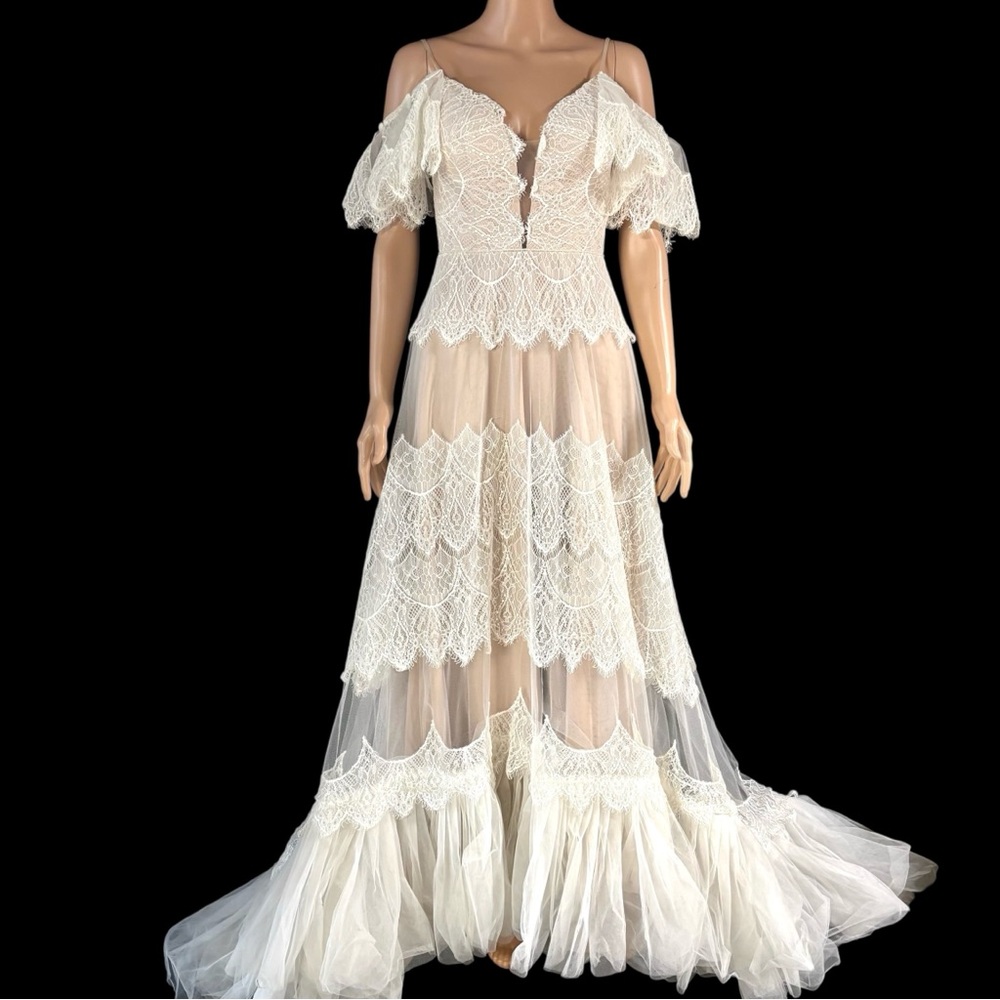 Sorayan | Nude Illusion White Lace Tulle Boho Off The Shoulder Wedding Dress